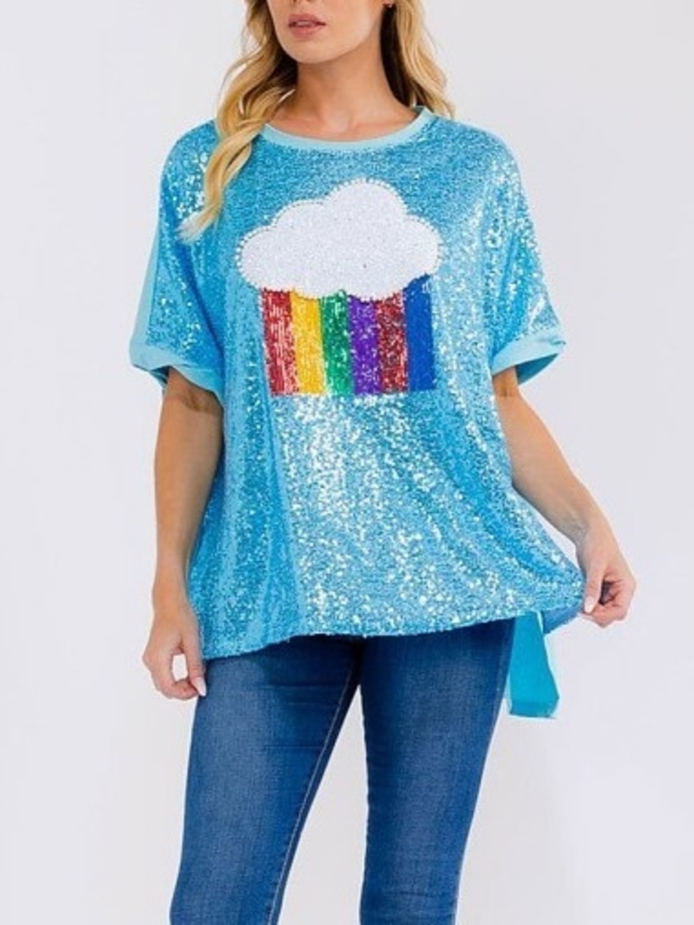 Fantastic Fawn Blue Sequin Cloud Top with Rainbow Detail Cute Halloween